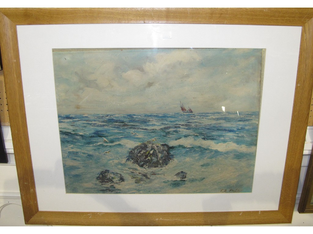 Appraisal: T B SMITH Oil on board seascape with a fishing