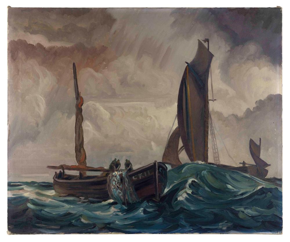 Appraisal: AMERICAN SCHOOL MID- TH CENTURY FISHING IN ROLLING SEAS OIL