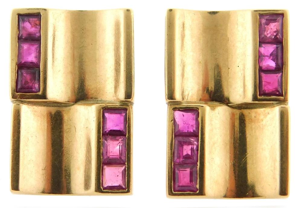 Appraisal: JEWELRY Pair of K and ruby earrings non-pierced rectangular earrings