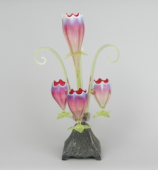 Appraisal: A Victorian Glass Epergne Cranberry glass with white opalescent trim