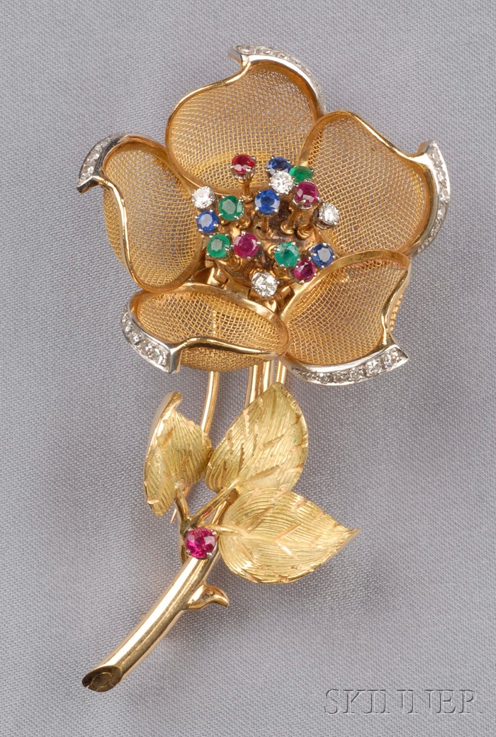 Appraisal: kt Gold Gem-set Rose Brooch France the fine mesh petals