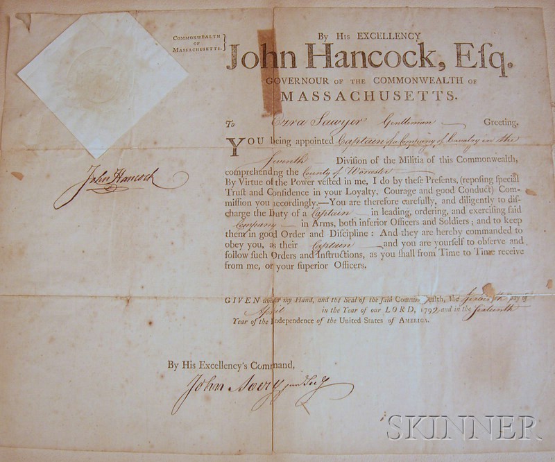 Appraisal: Hancock John - Signed document one page as Governour sic