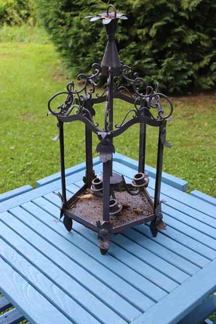 Appraisal: A PURPLE PAINTED FIVE GLASS THREE LIGHT HALL LANTERN high