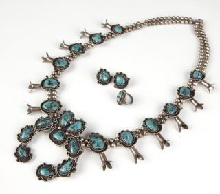 Appraisal: A Navajo silver and turquoise squash blossom set A Navajo