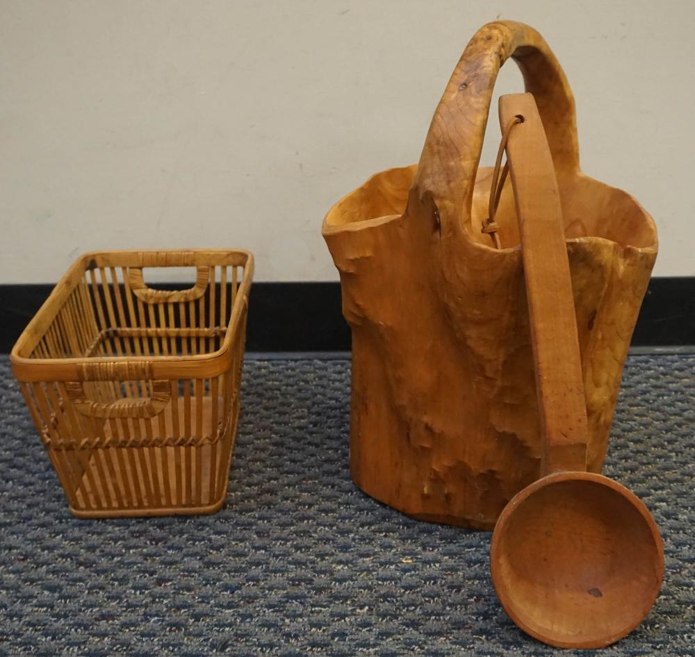 Appraisal: WICKER BASKET AND CARVED WOOD BASKET WITH LADLEWicker Basket and