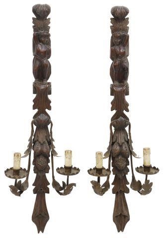 Appraisal: pair Italian walnut wall sconces th c carved backplate with