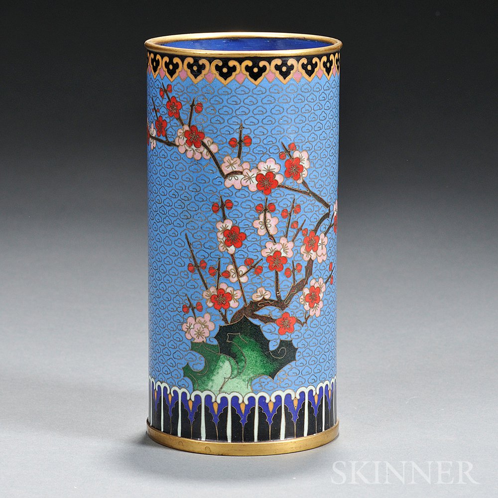 Appraisal: Cloisonne Vase China th century cylindrical depicting a plum tree