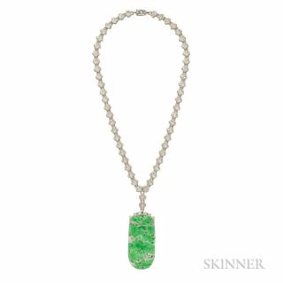 Appraisal: Art Deco Jade and Diamond Pendant Necklace Wordley Allsopp Bli