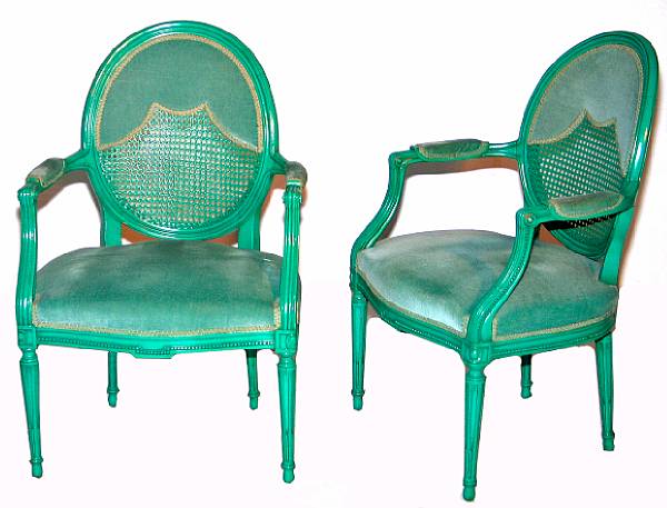 Appraisal: A pair of Louis XVI style painted fauteuil mid th