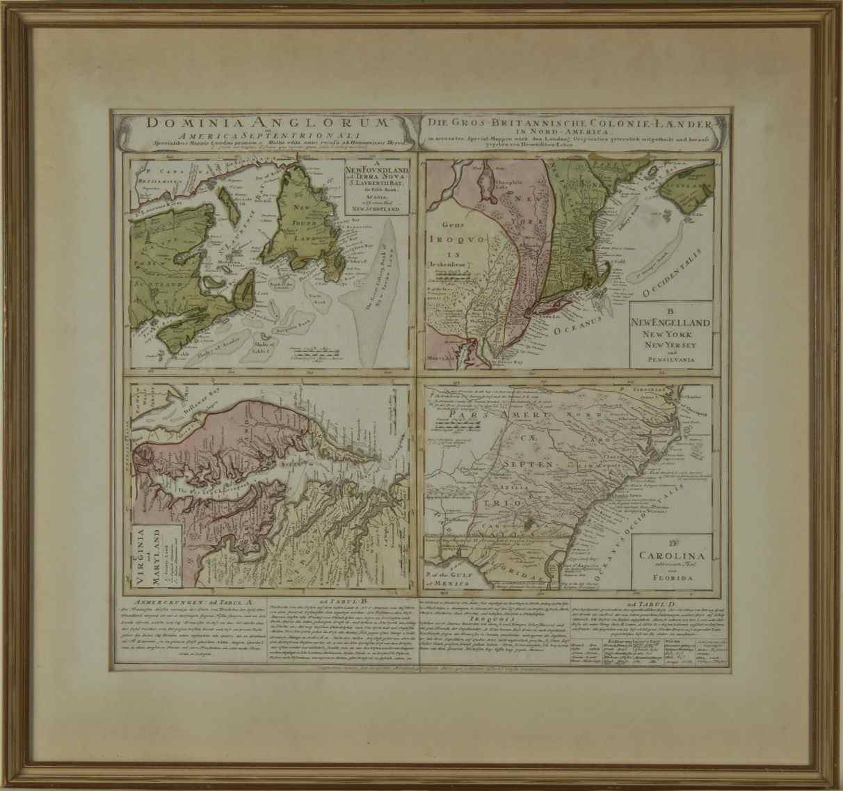 Appraisal: FRAMED MAP AFTER J B HOMANNDominia Anglorum in America Septentrionali''