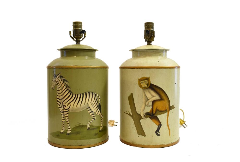 Appraisal: TWO ENGLISH REGENCY STYLE PAINTED TOLE CANISTERSNow mounted as lamps