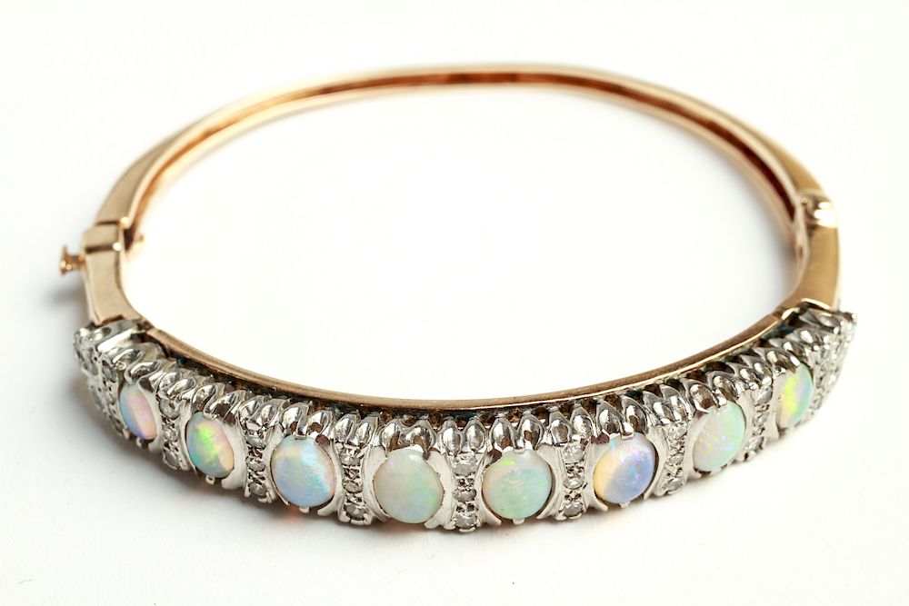 Appraisal: K Gold Opals Diamonds Bangle Bracelet K yellow and white