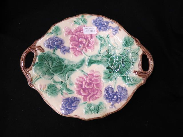 Appraisal: Etruscan Majolica Pottery Cake Plate floral handled signed