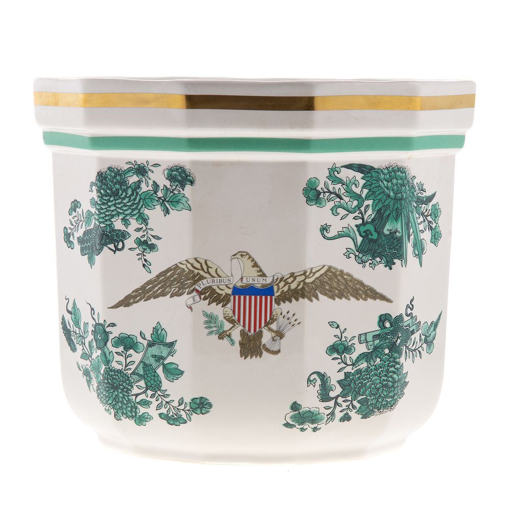 Appraisal: Mottahedeh Reagan Bush Inauguration Cache Pot Paneled cache pot with