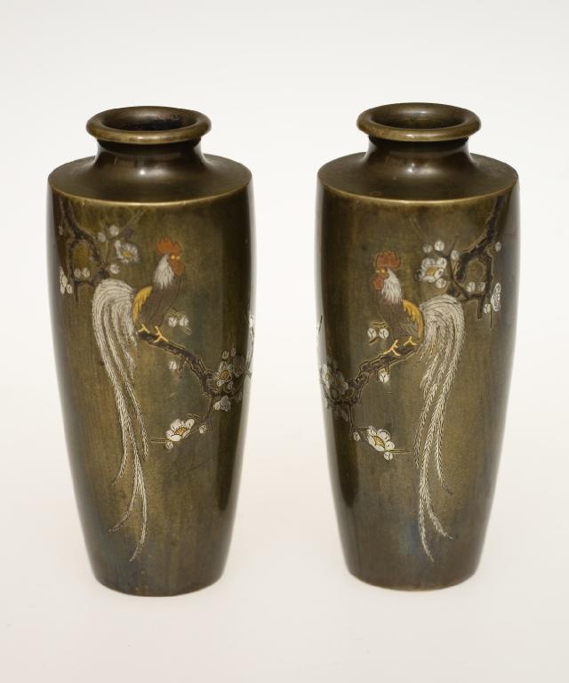 Appraisal: PAIR OF JAPANESE BRONZE VASES MEIJI PERIOD of shouldered form