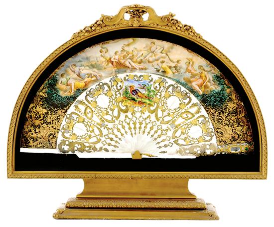 Appraisal: French painted and mother-of-pearl fan circa brass-mounted pierced and painted