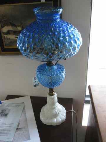 Appraisal: Blue Art Glass Lampwith white milk glass base matching shade