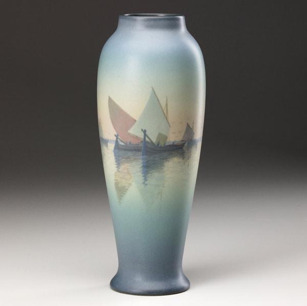 Appraisal: ROOKWOOD Scenic Vellum vase painted by Carl Schmidt with schooners