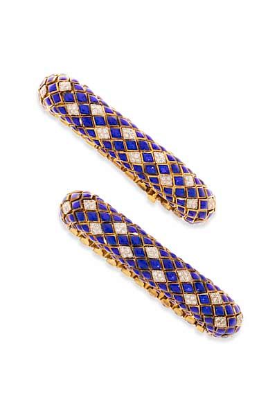 Appraisal: Pair David Webb diamond enamel gold bracelets A pair of