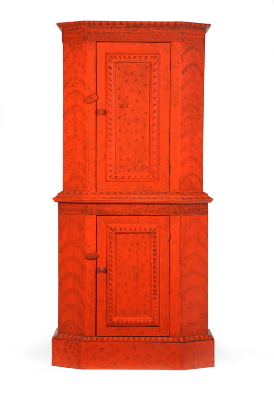 Appraisal: SMALL PAINTED CUPBOARD American th century pine Two-piece with red