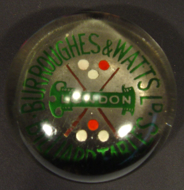 Appraisal: Glass advertising paperweight - 'Burroughes and Watts Billiard Tables London'