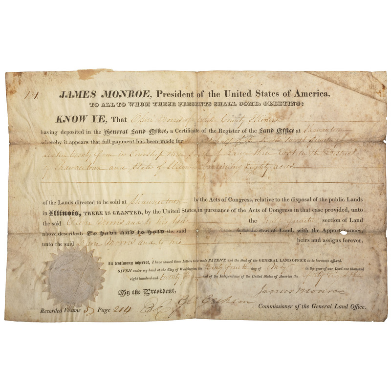 Appraisal: MONROE James - Partly-printed land grant signed James Monroe as