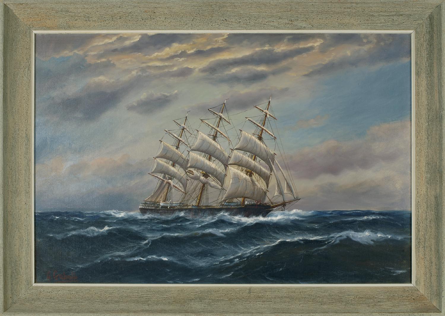 Appraisal: FRAMED PAINTING ALFRED GABALI American - The ship Blackbreeze Signed