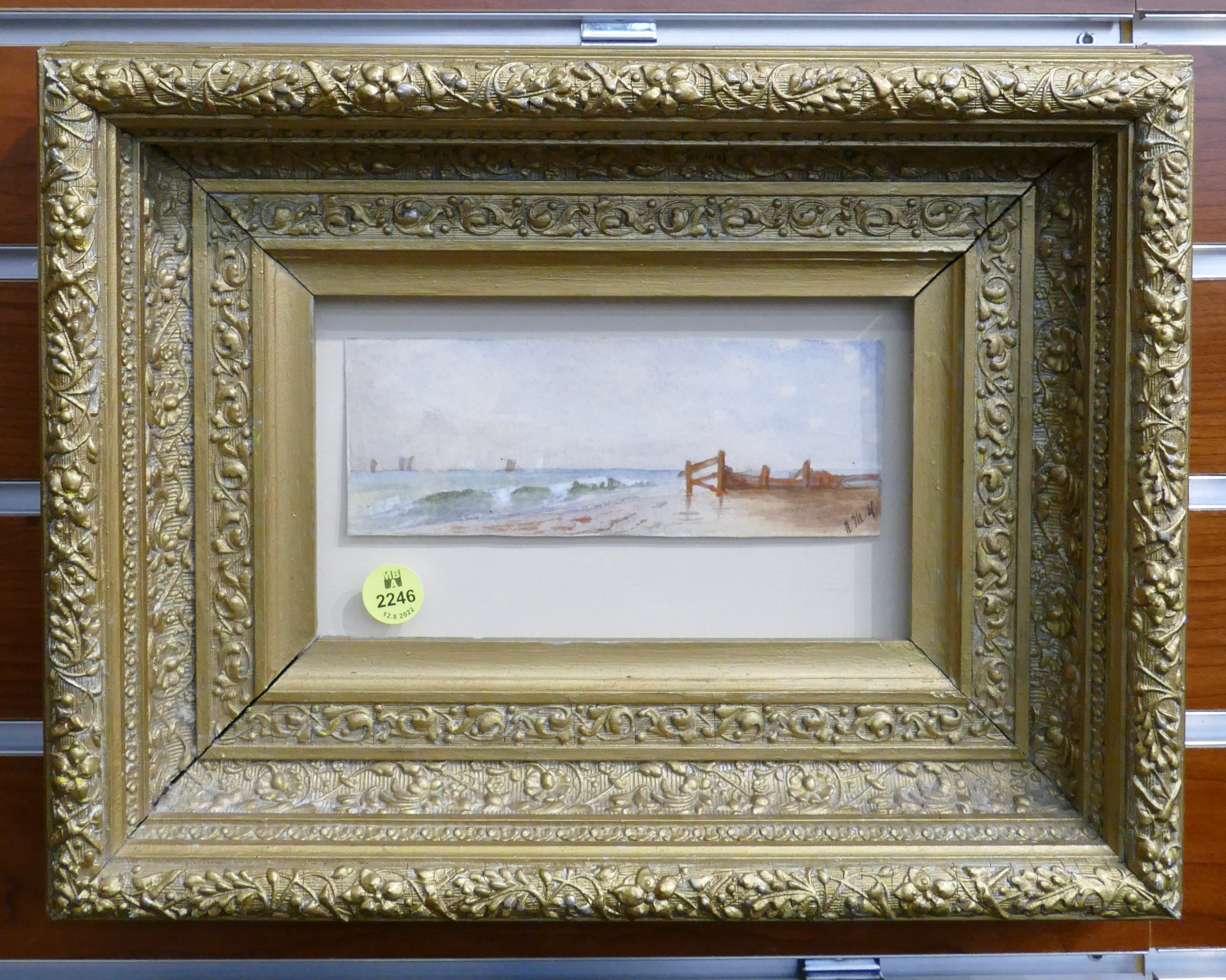 Appraisal: Antique Coastal Scene Small Watercolor in Ornate Frame- x ''