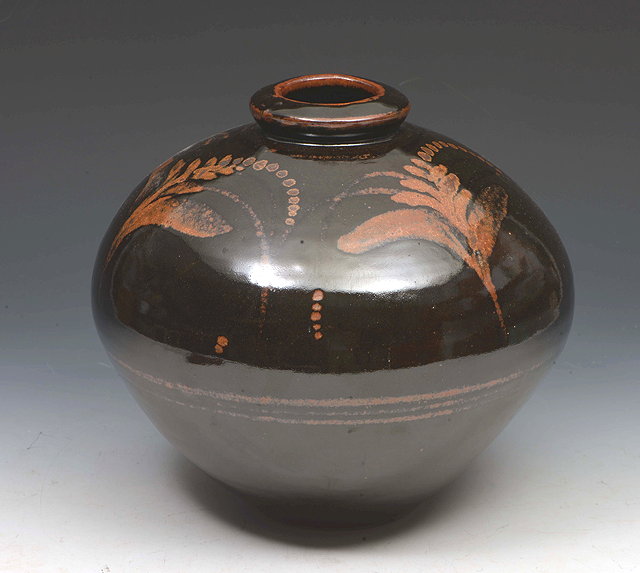 Appraisal: David Leach British - Vase tenmoku glaze brush work grasses