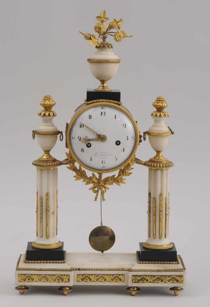 Appraisal: LOUIS XVI STYLE MARBLE AND GILT-BRONZE PILLAR CLOCK The enamel