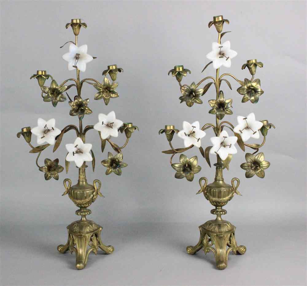 Appraisal: PAIR OF BRASS CANDELABRA WITH FLORAL DECORATION including blossoms made