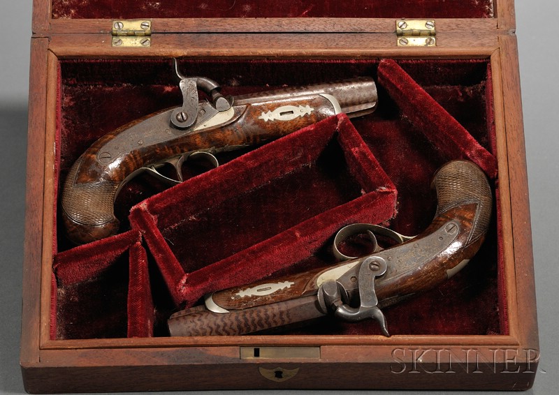 Appraisal: Cased Pair of Deringer Dueling Pistols Philadelphia percussion pistols muzzle-loading