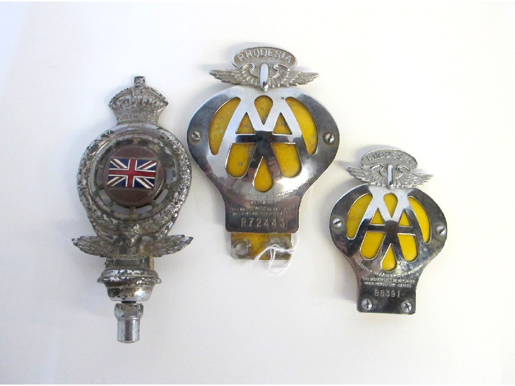 Appraisal: A lot comprising two Rhodesian AA car badges and one