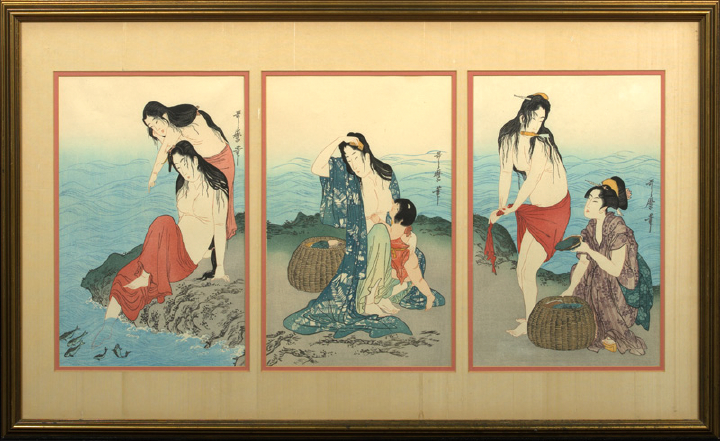 Appraisal: Japanese Woodblock Triptych by Utamaro Kitigawa - titled Diving for