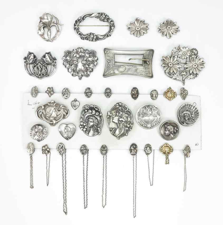 Appraisal: ART NOUVEAU STERLING SILVER PINS To include medium and large