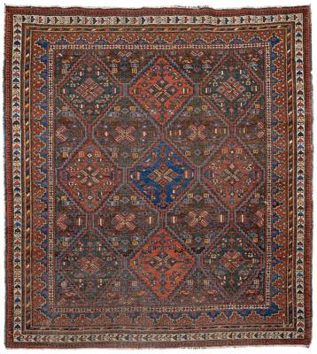 Appraisal: Quashkai rug serrated diamond central panel with multiple geometric borders