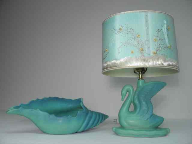 Appraisal: Van Briggle turquoise art pottery porcelain shell planter and swan