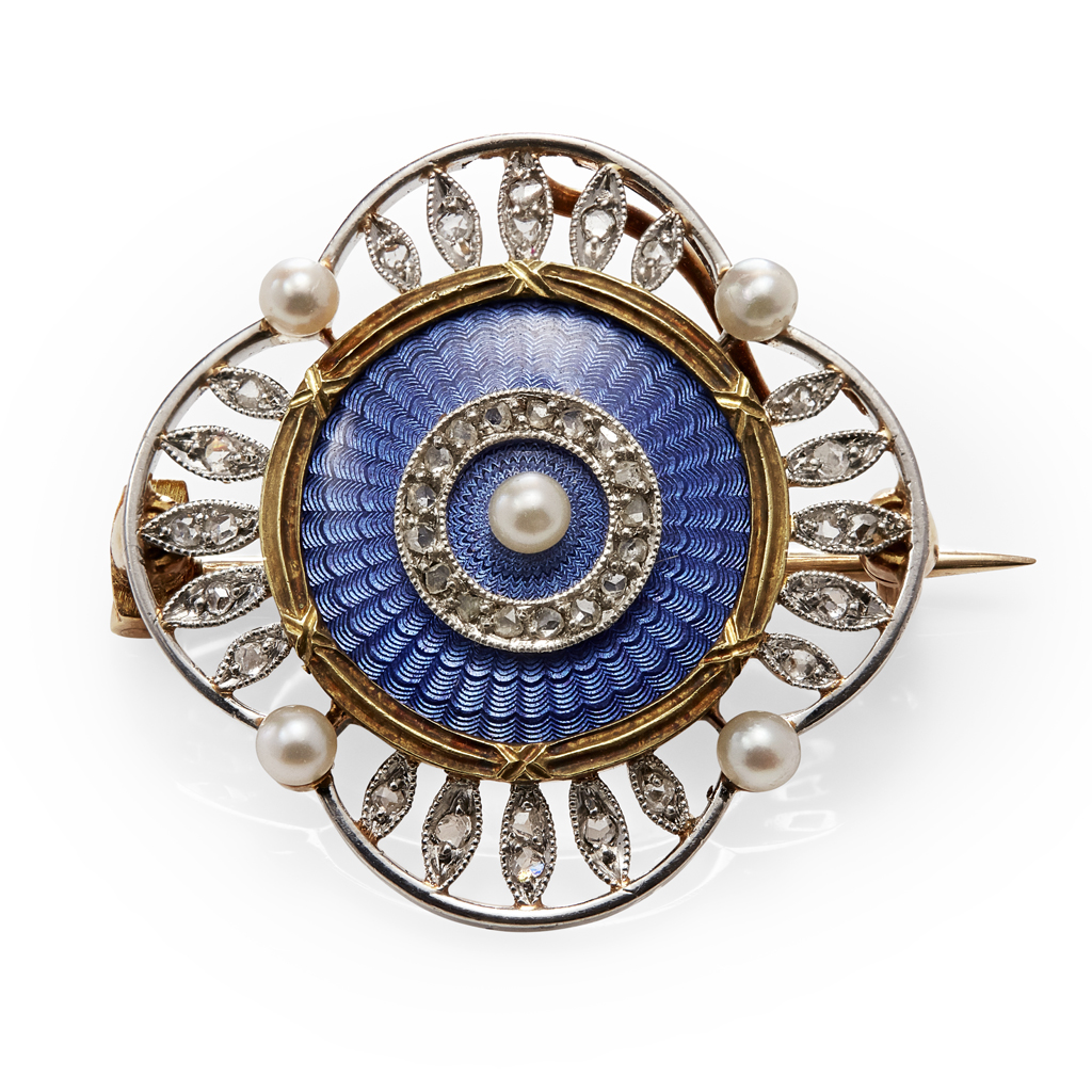 Appraisal: An early th century diamond pearl and enamel set brooch