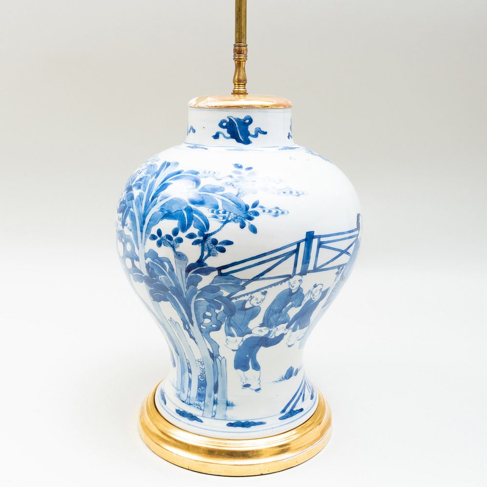 Appraisal: Chinese Blue and White Porcelain Baluster Jar Mounted as a