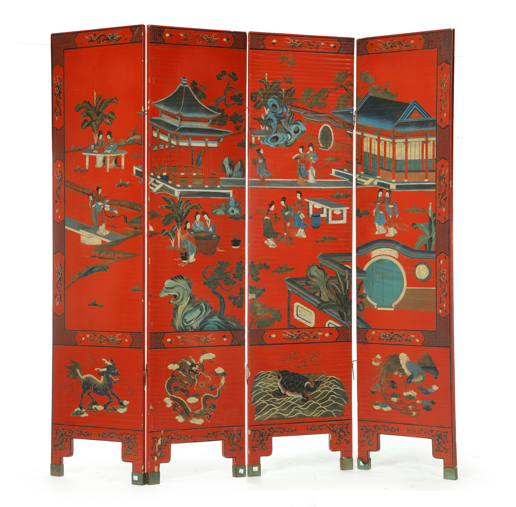 Appraisal: CHINESE LACQUERED FOUR PANEL SCREEN Mid th century Red lacquer