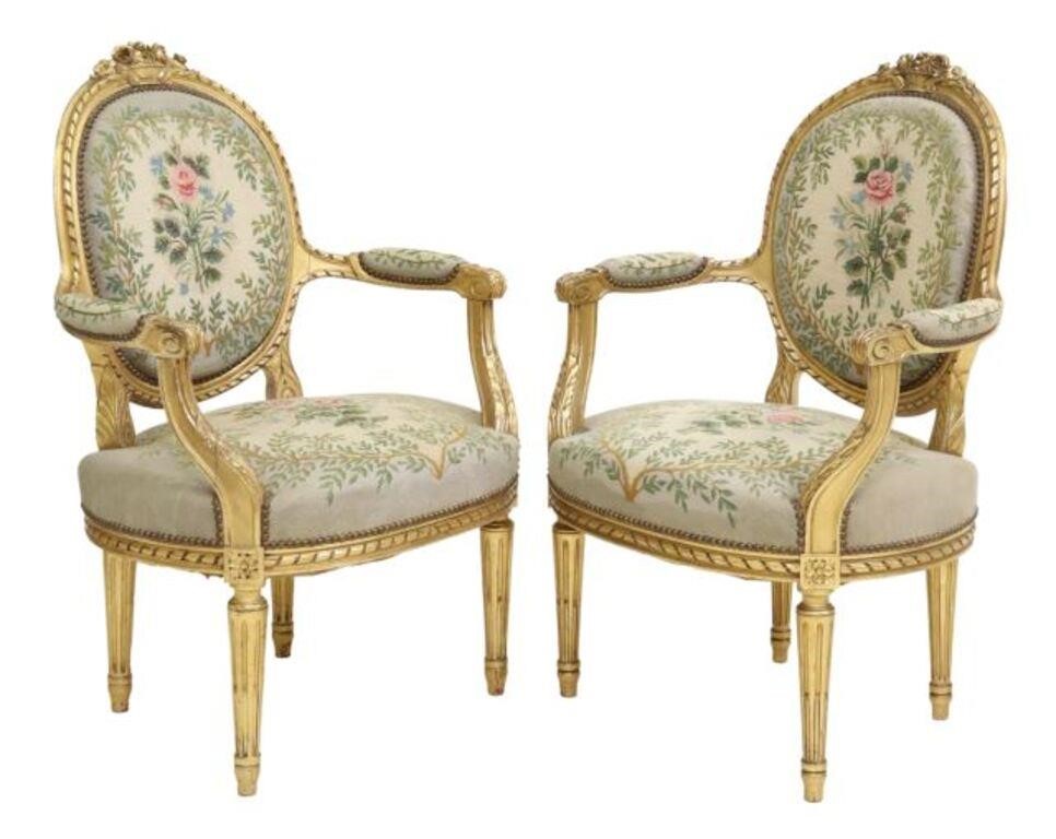 Appraisal: pair French Louis XVI style giltwood armchairs th c having