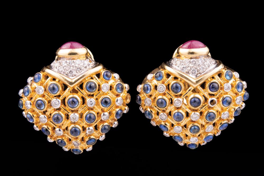 Appraisal: Pair of kt Yellow Gold Ruby Sapphire and Diamond Clip