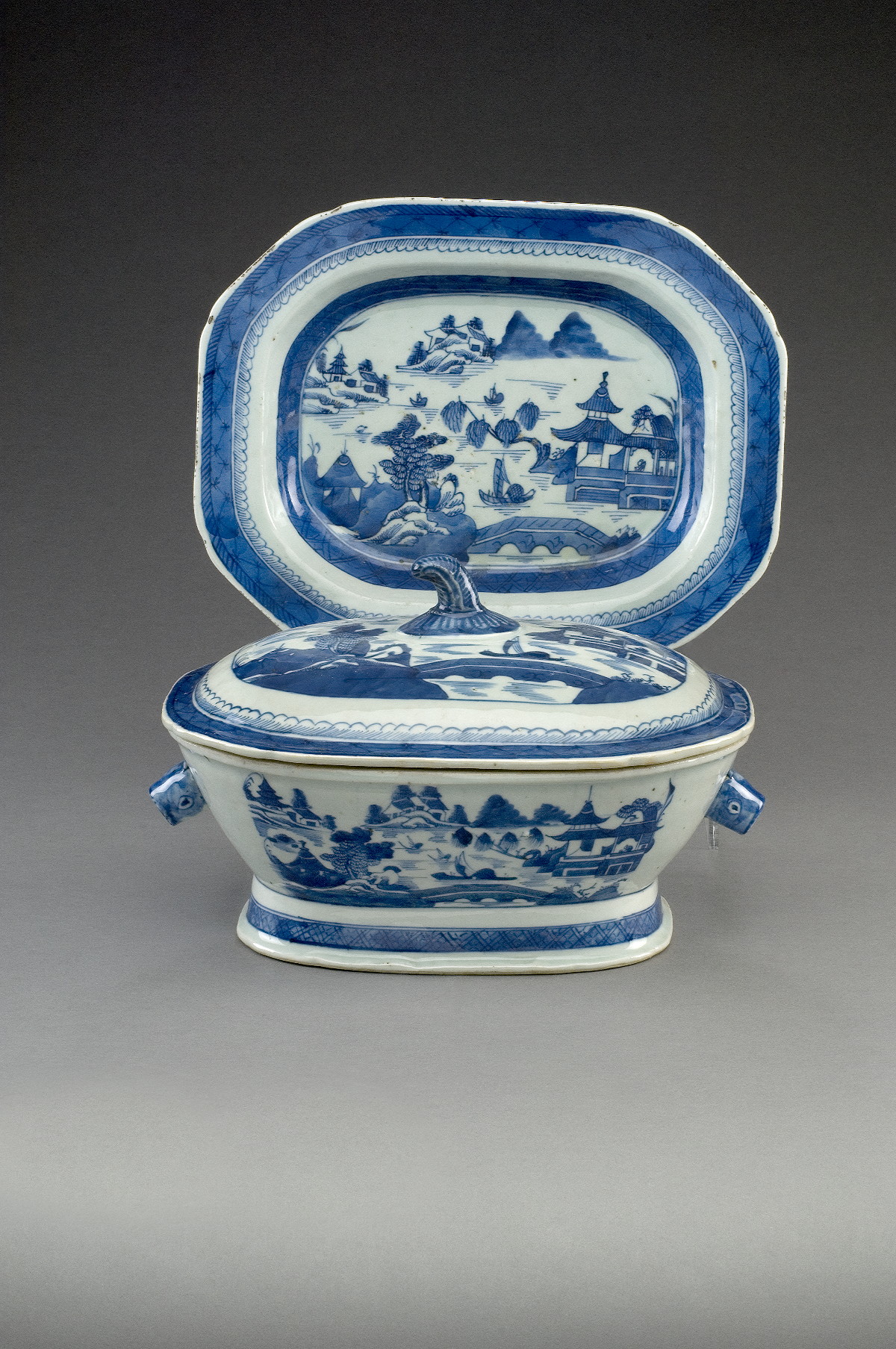 Appraisal: CANTON BLUE AND WHITE PORCELAIN TUREEN COVER AND STAND NINETEENTH