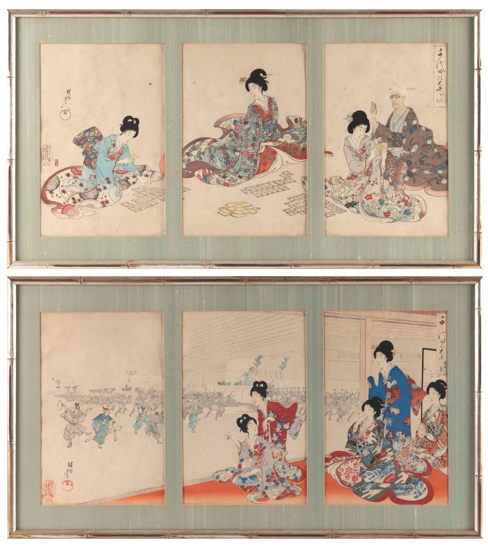 Appraisal: YOSHU CHIKANOBU JAPAN - TWO TRIPTYCHS JAPANESE BEAUTIES WOODBLOCK PRINTS