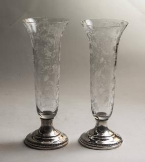 Appraisal: Pair of Vases Sheffield Weighted Sterling with Cambridge Etched Glass