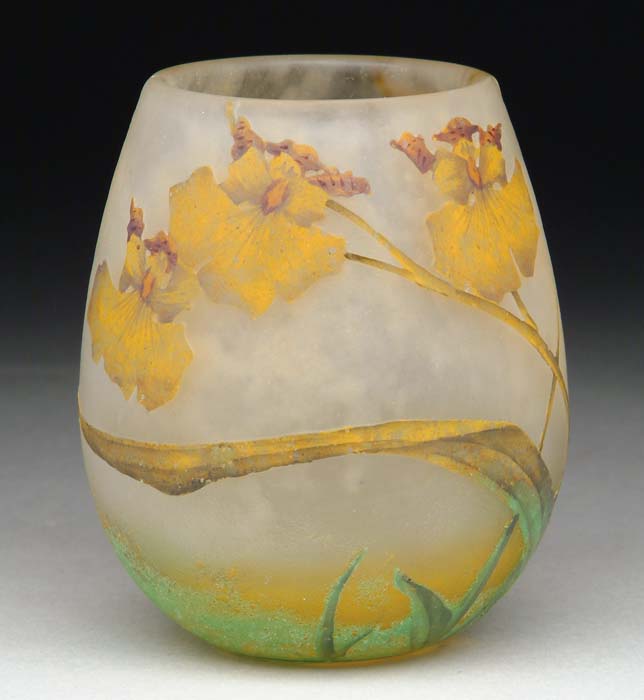 Appraisal: DAUM EGG SHAPED VASE Gorgeous floral enamel pattern of irises