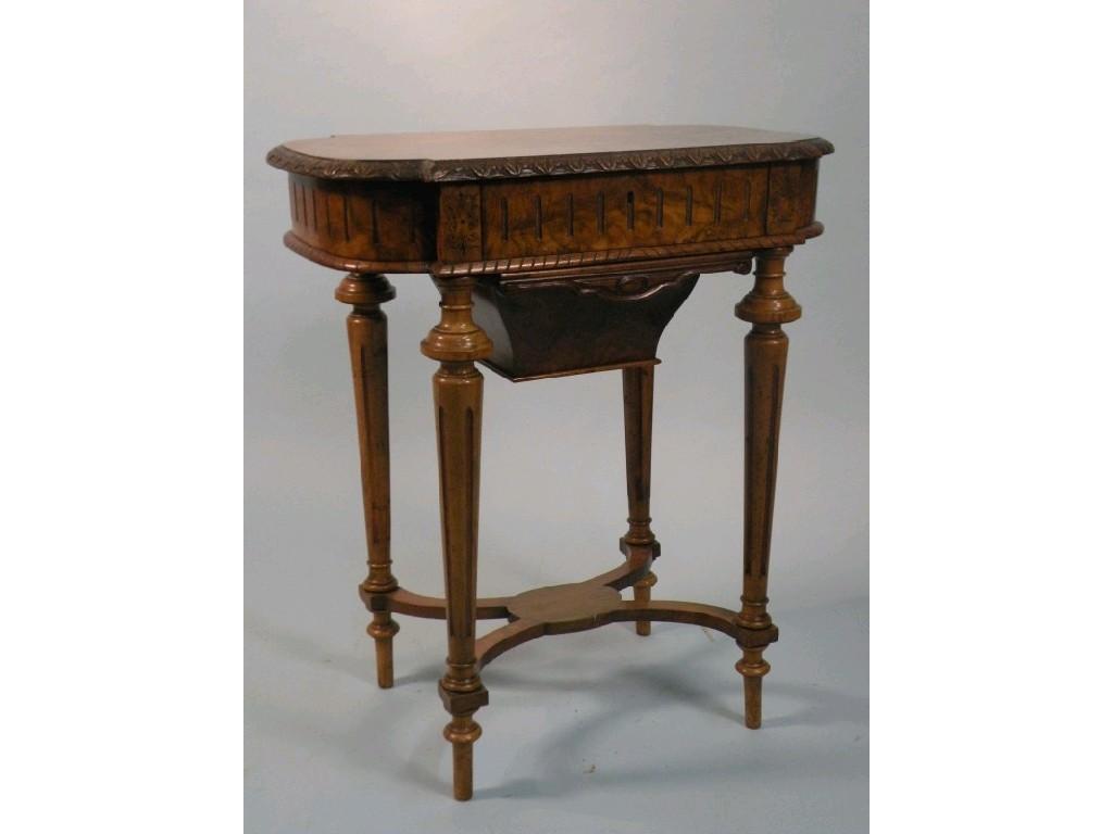 Appraisal: A Victorian walnut work table the quarter veneered hinge top