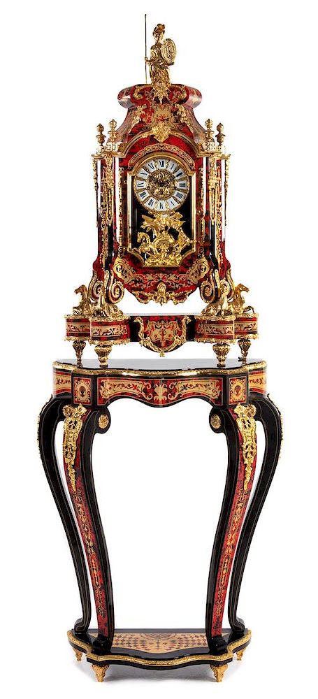 Appraisal: A Louis XIV Style Simulated Boulle Marquetry Clock and Stand