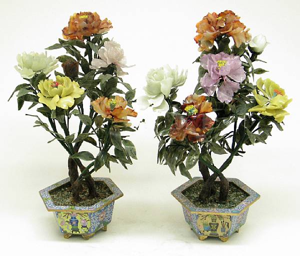 Appraisal: A pair of Chinese mixed stone flowering trees in cloisonn