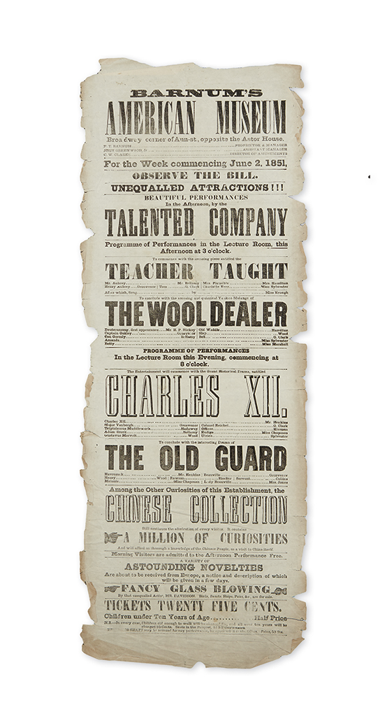 Appraisal: THEATER Playbill from Barnum's American Museum Letterpress broadside x inches